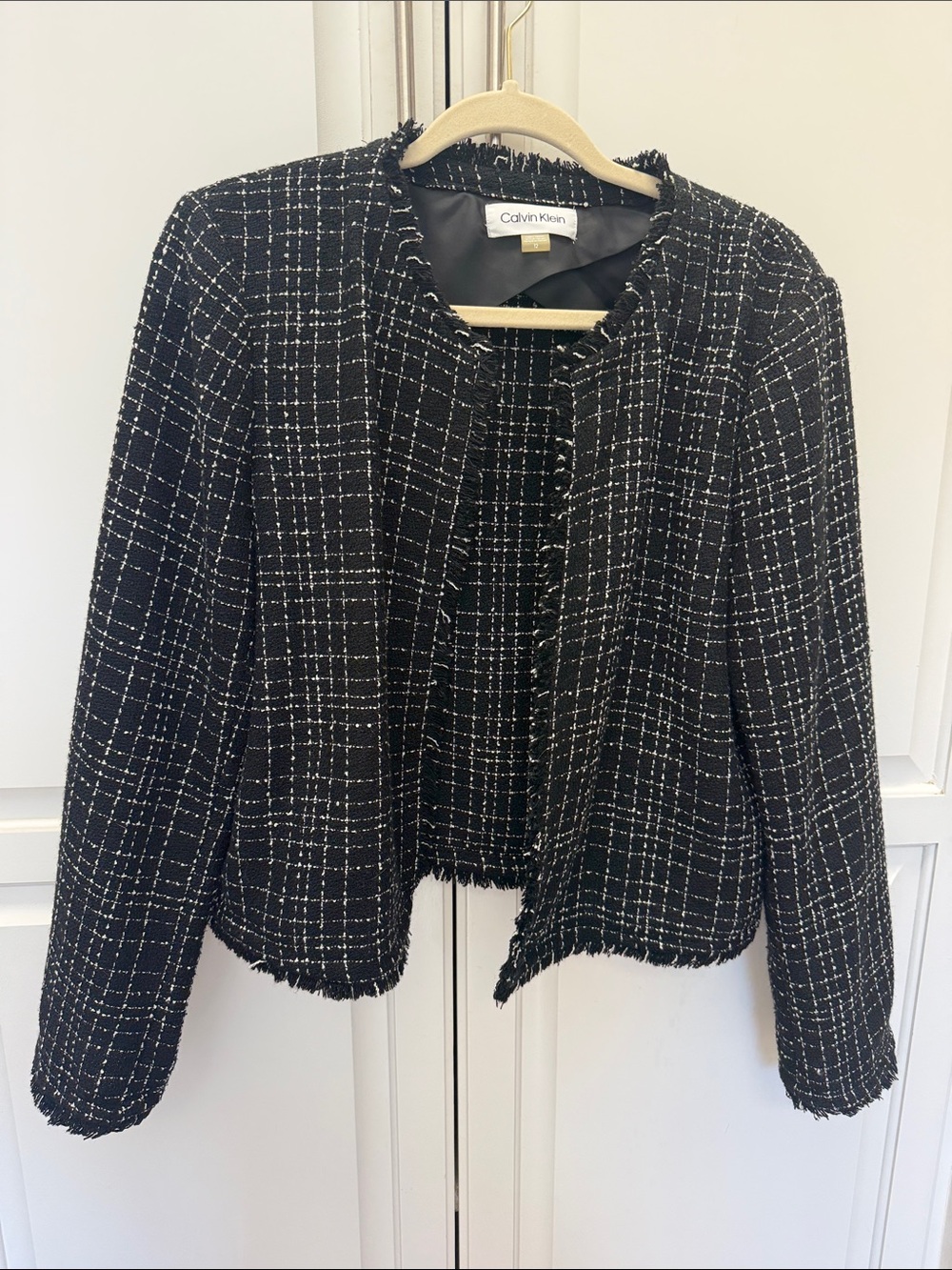Calvin Klein Tweed Open Front Blazer Jacket Black